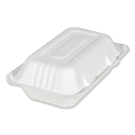 ChampWare Molded-Fiber Clamshell Containers, 9 X 6, White, Sugarcane, 250PK